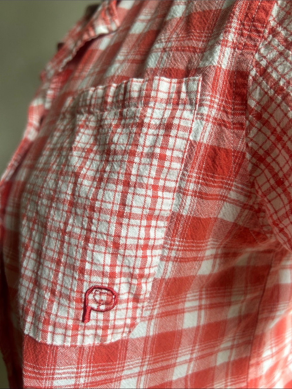 Penfield Short Sleeve Plaid Button Down Orange White Top Size Small - Picture 5 of 9